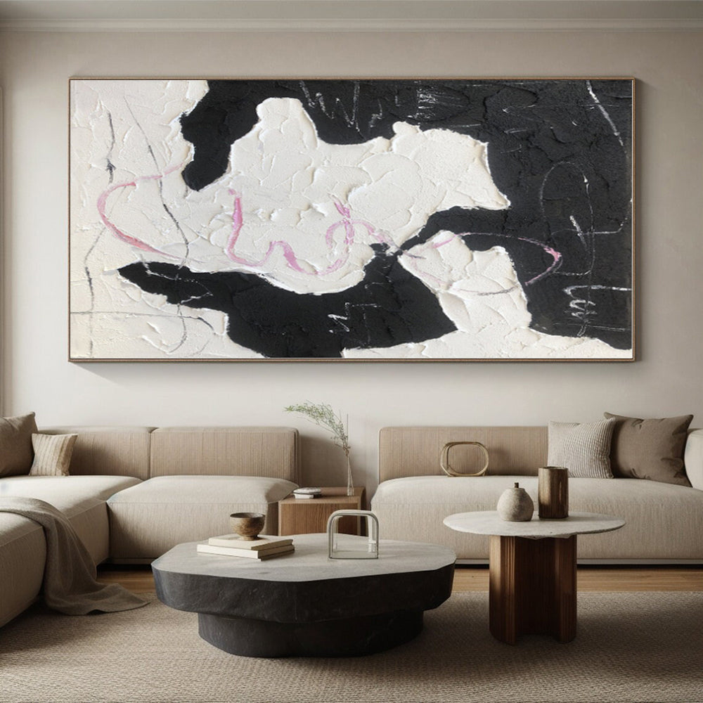 “Black - White Textured Abstraction” - Black, White, Pink Abstract Painting On Canvas PS0480