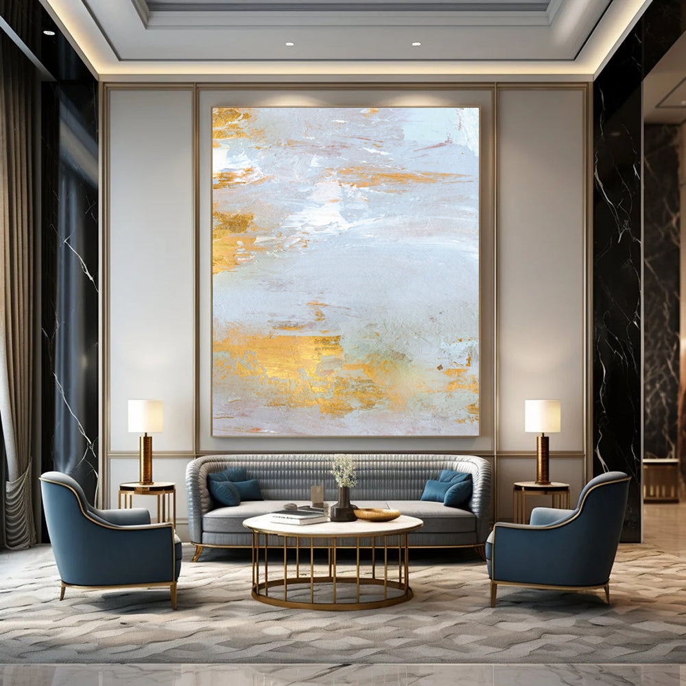 “Gold - Accented Coastal” - Light Gray & Shimmering Gold Seascapes Painting On Canvas DS160