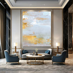 “Gold - Accented Coastal” - Light Gray & Shimmering Gold Seascapes Painting On Canvas DS160