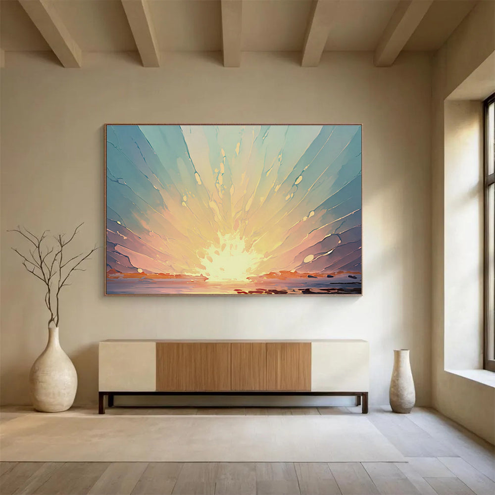 Radiant Dawn - Abstract Sunrise Oil Painting, Perfect for Studio & Lounge DKS665