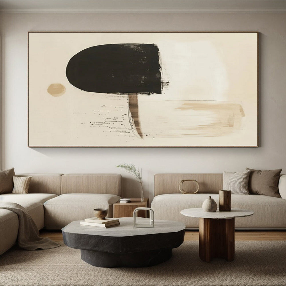 “Subtle Beige - Black Abstract Shapes” - Contemporary Abstract Painting On Canvas PS0275