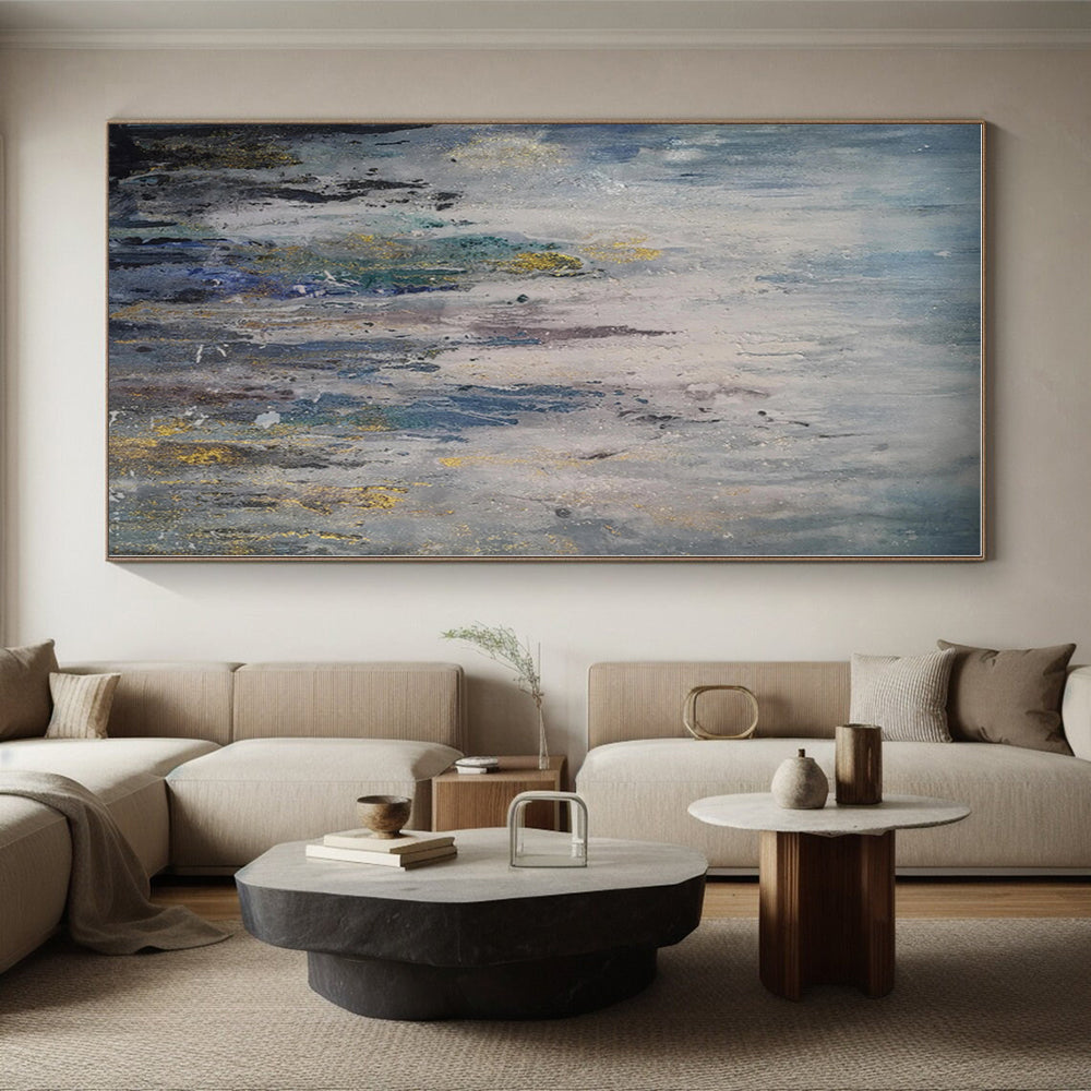 “Blue - Gray - Gold Rainfall Abstraction” - Blue, Gray, Gold, White Abstract Rain - like Painting On Canvas PS0561