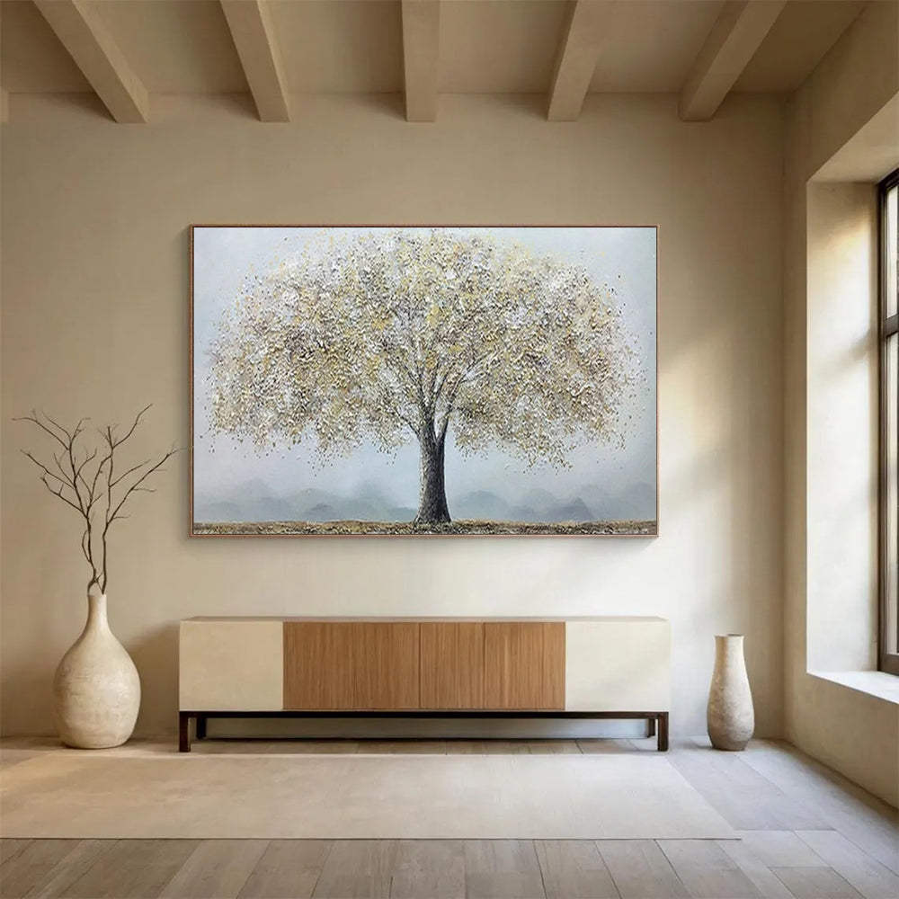“Golden - White Canopy Tree” - Impasto - Textured Painting On Canvas PT1526