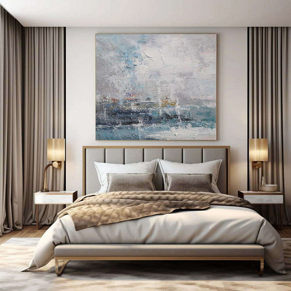Blue, Gray and White with Textured Impressions "Coastal Haze" Abstract Landscape Painting On Canvas PS1108