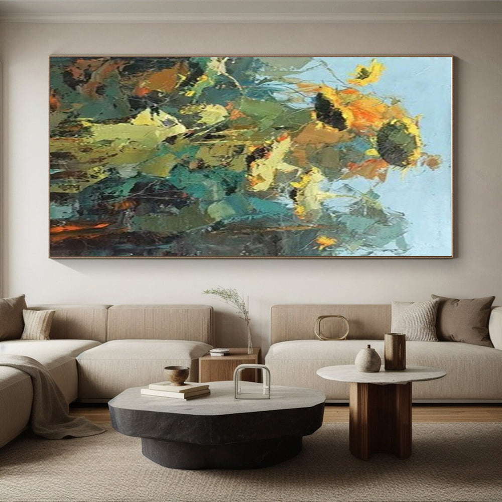 “Impasto Sunflower Abstract” - Yellow, Green Abstract Impressionist Painting On Canvas PS0732