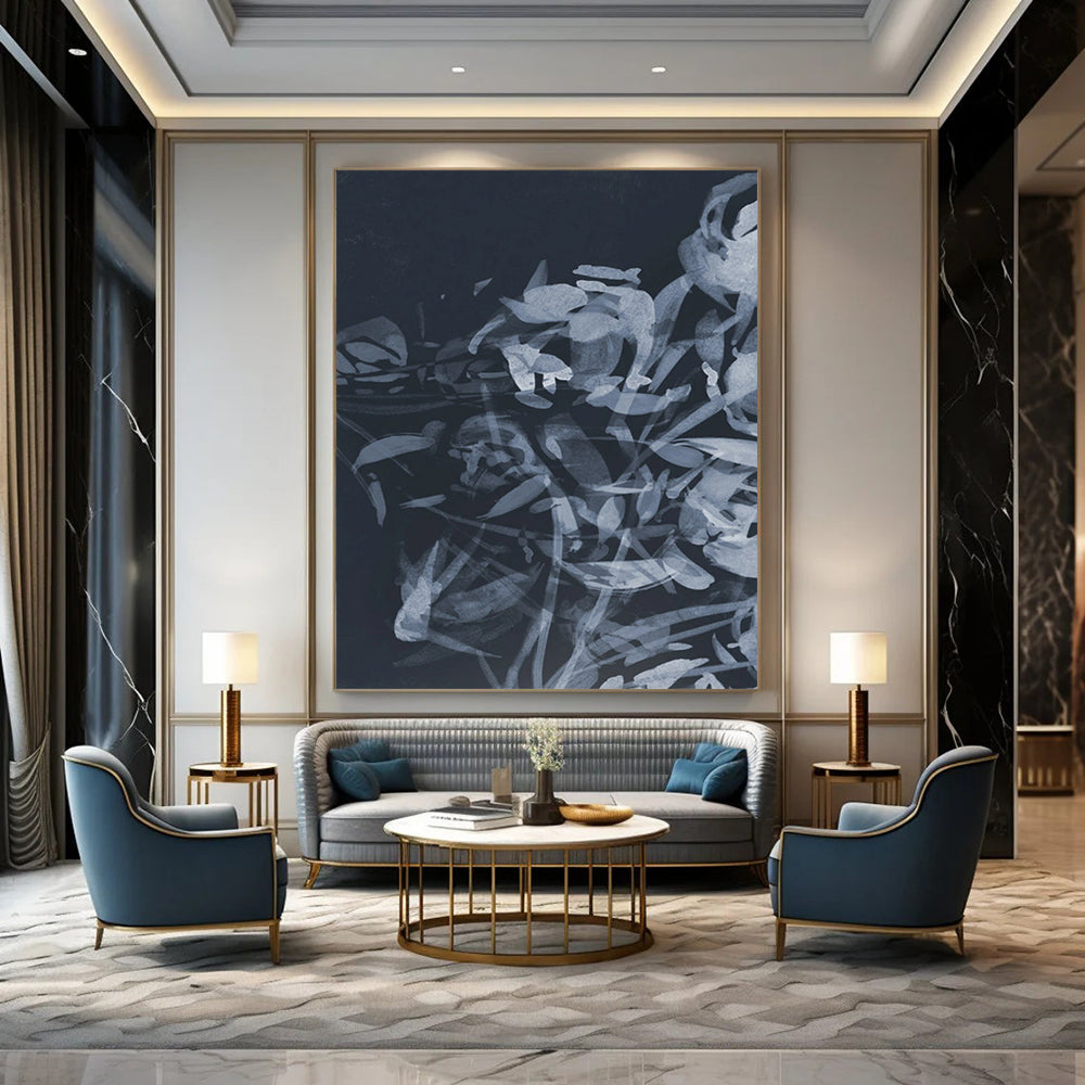 “Indigo Floral Abstraction” - Layered Plant Forms Painting On Canvas DS240