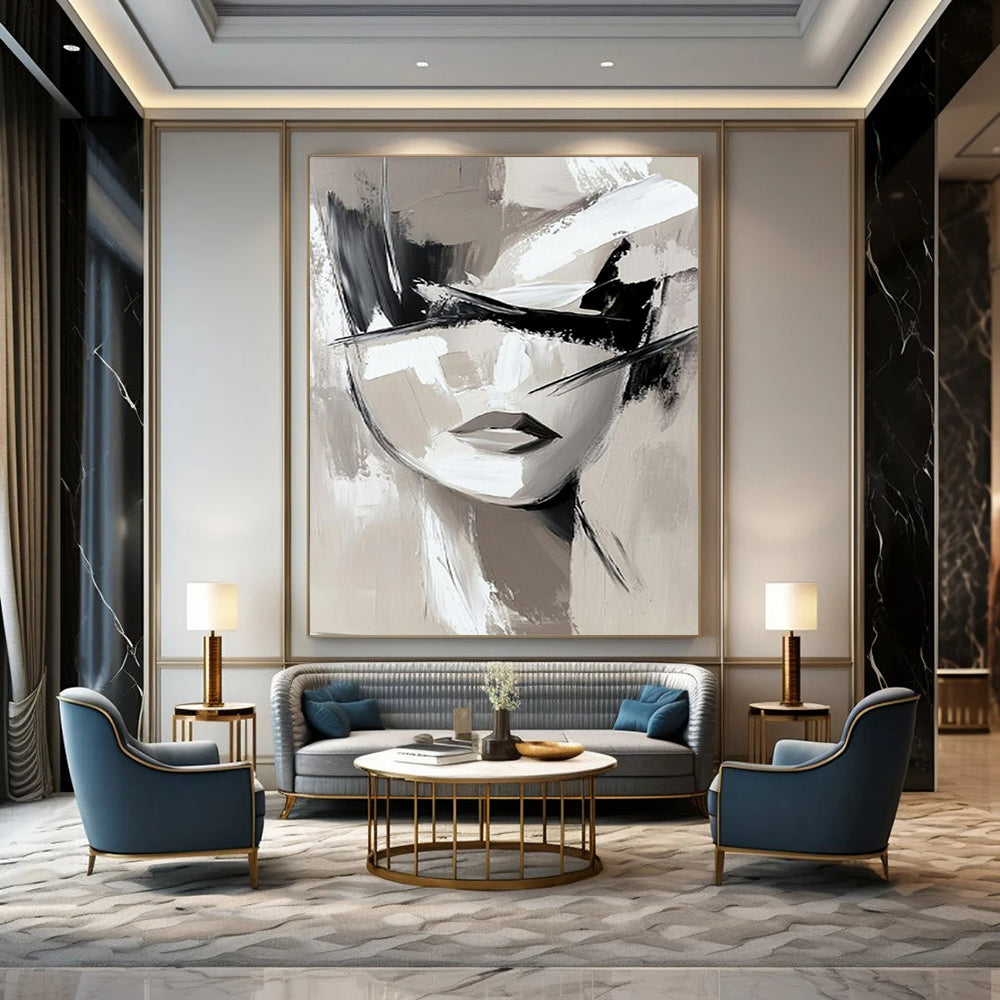 “Monochrome Abstract Face” - Minimalist Acrylic Painting On Canvas PT2193