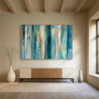 “Teal - Blue Stripes & Gold Flecks” - Abstract Textured - Painting On Canvas PT1715