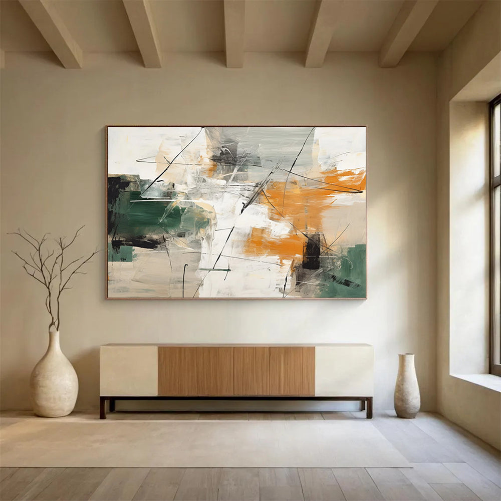 “Green, Orange, and Gray Abstract Strokes” - Expressive Abstract Painting On Canvas PT100