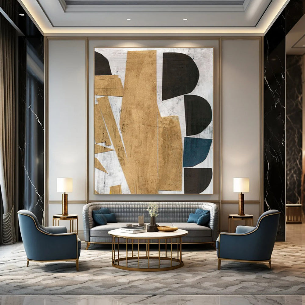 “Geometric Gold & Black Collage” - Mixed Media Shapes with Earthy Tones Painting On Canvas DS216