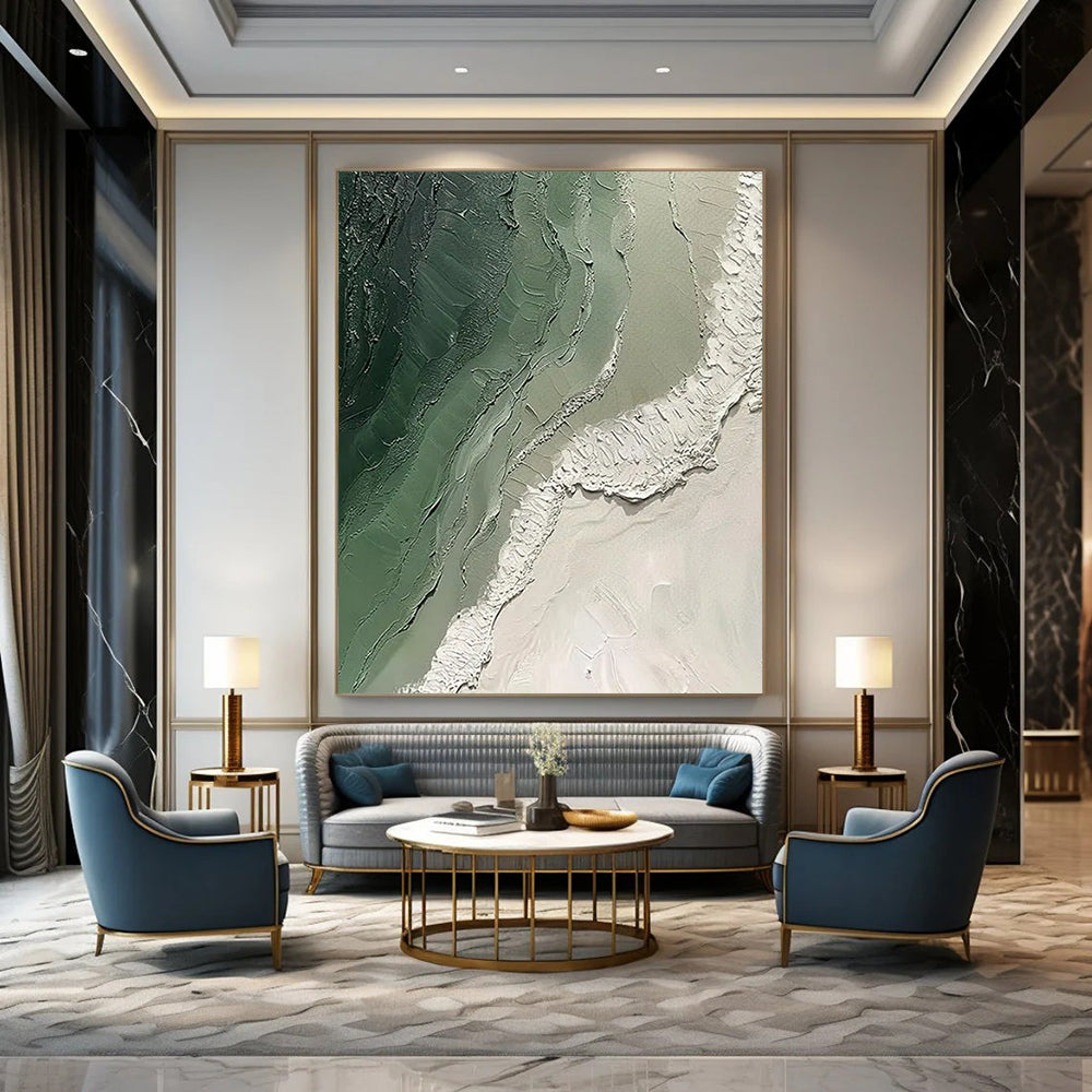 “Green and White Textured Landscape” - Abstract Impasto Painting On Canvas PT2353