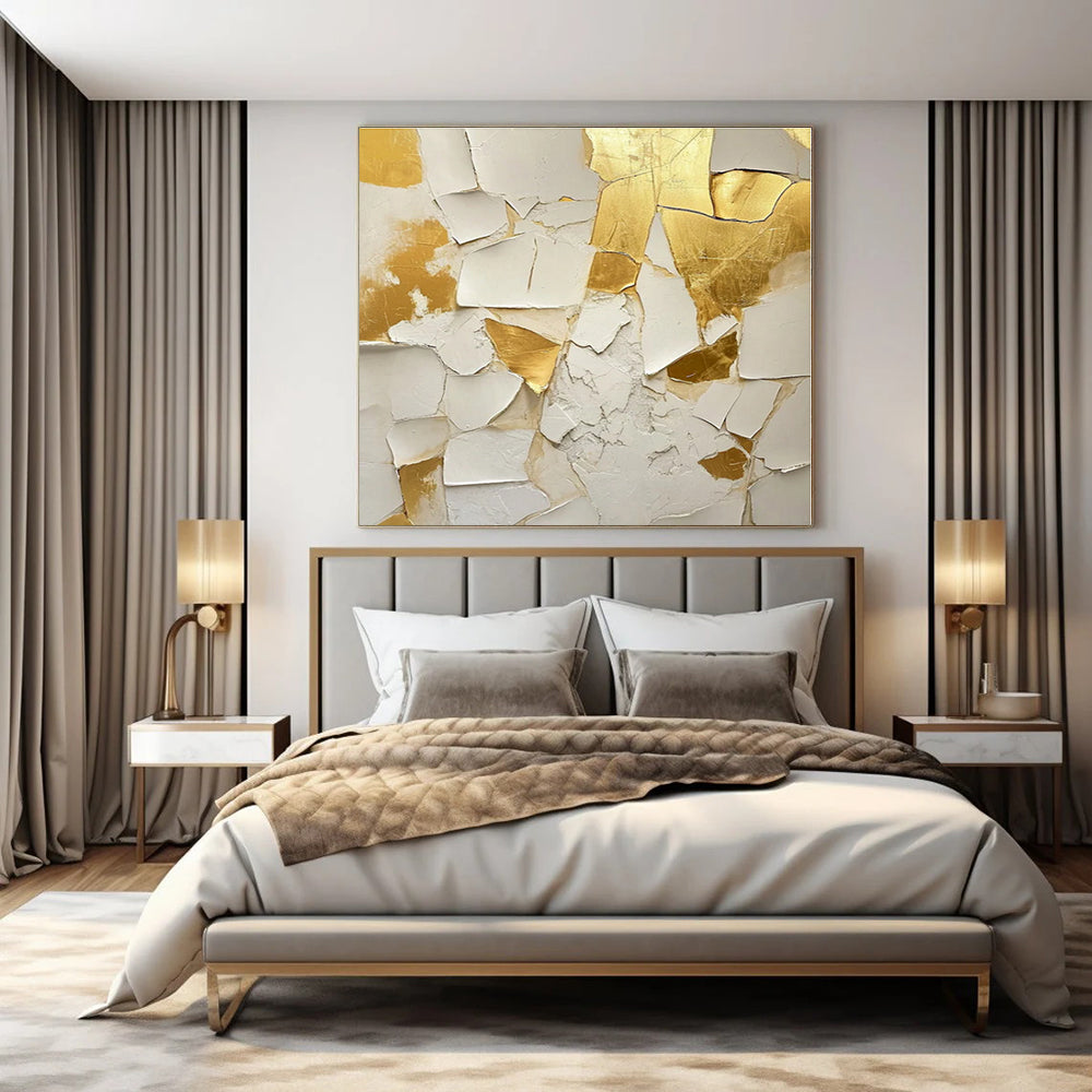 White, Gold with Crackled Textures "Gilded Fragment" Abstract Painting On Canvas PS1381