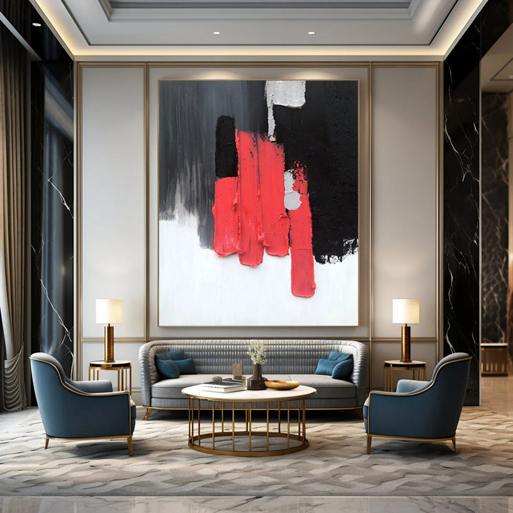 “Bold Blocks: Red, Black, Gray Abstract” - Minimalist Abstract Painting On Canvas DS394