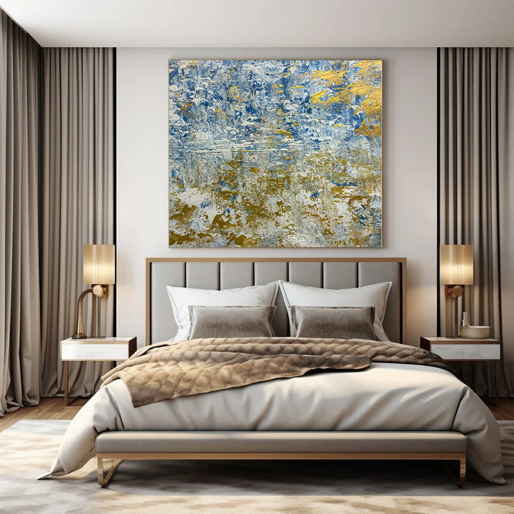 Blue and Gold Textured Blend - Abstract Impasto Waves Painting On Canvas PS1224
