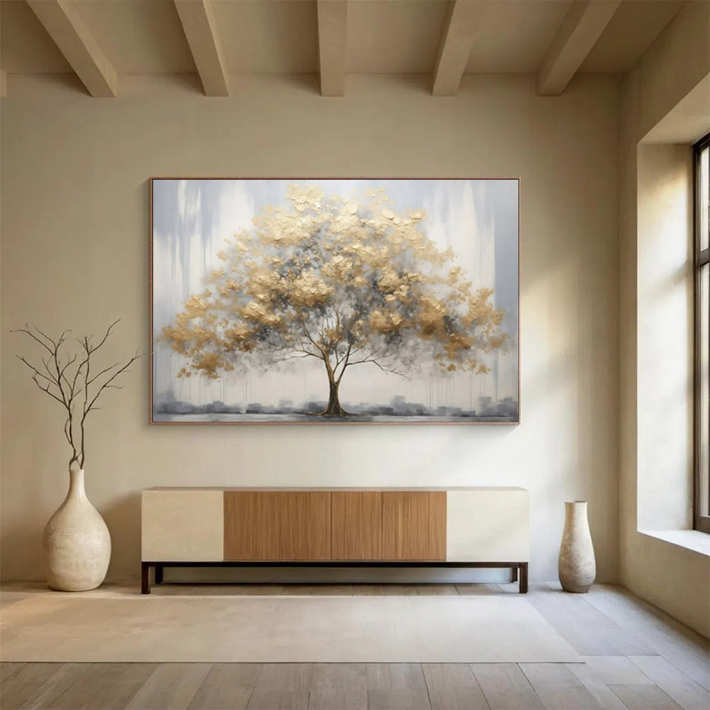 “Gold Tree on Gray” - Subtle Gold “Gilded Grove” Painting On Canvas PT1621