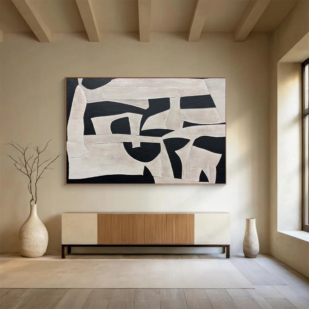 “Black and White Geometric Shapes” - Cubist Abstract Painting On Canvas PT093