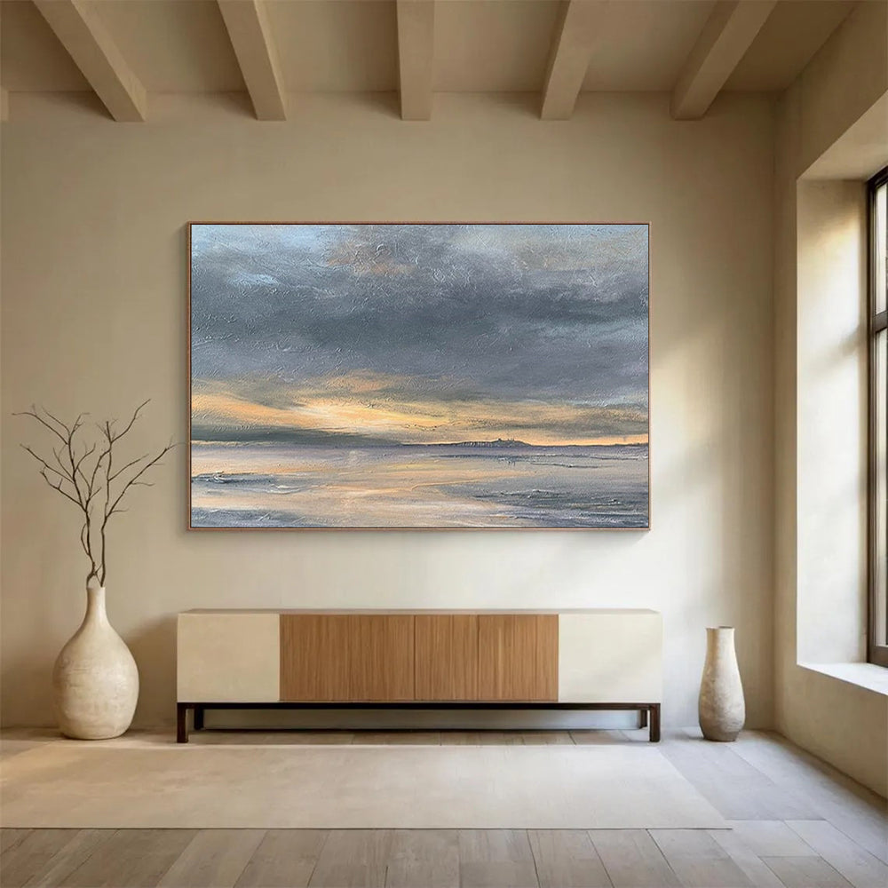 “Dramatic Coastal Sunset in Grays and Oranges” - Impressionistic Seaside Painting On Canvas PT023