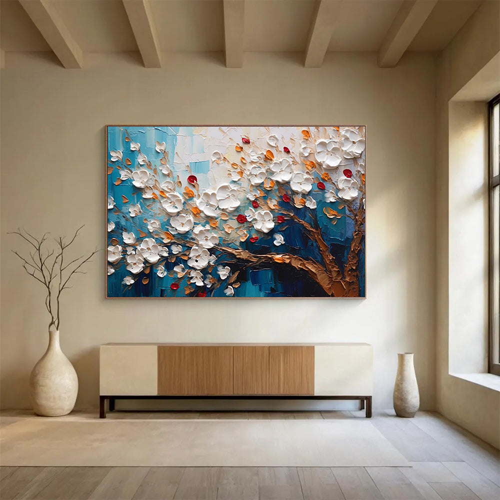 “White Flowers on Blue” - Impasto Oil Painting On Canvas DKS888