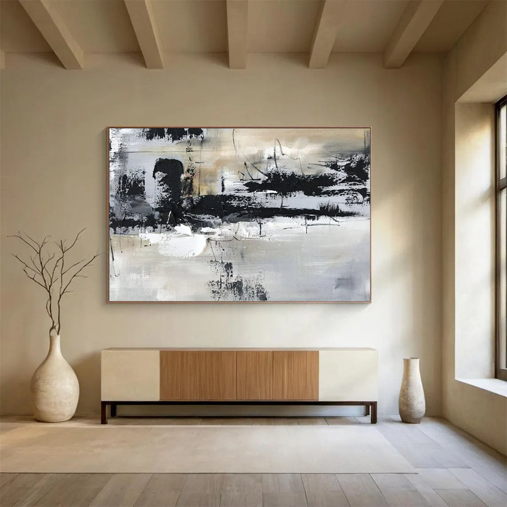 “Monochrome Abstract Strokes” - Black - White - Gray Abstract Painting On Canvas PT1565