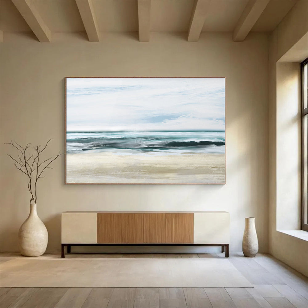 “Soft Blue and Beige Seaside Landscape” - Impressionistic Seascape Painting On Canvas PT128