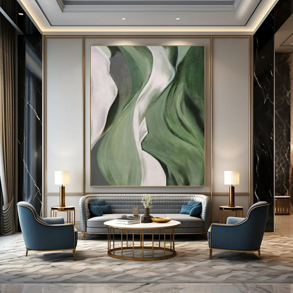 “Green and White Flowing Forms” - Abstract Botanical Painting On Canvas PT1054