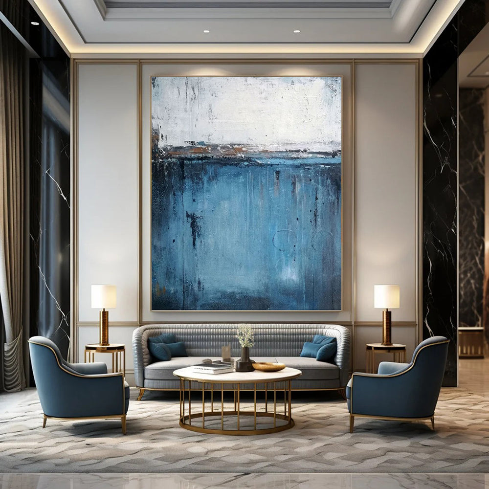 “Blue and White Abstract Horizon” - Minimalist, Serene - Styled Painting On Canvas PT1558