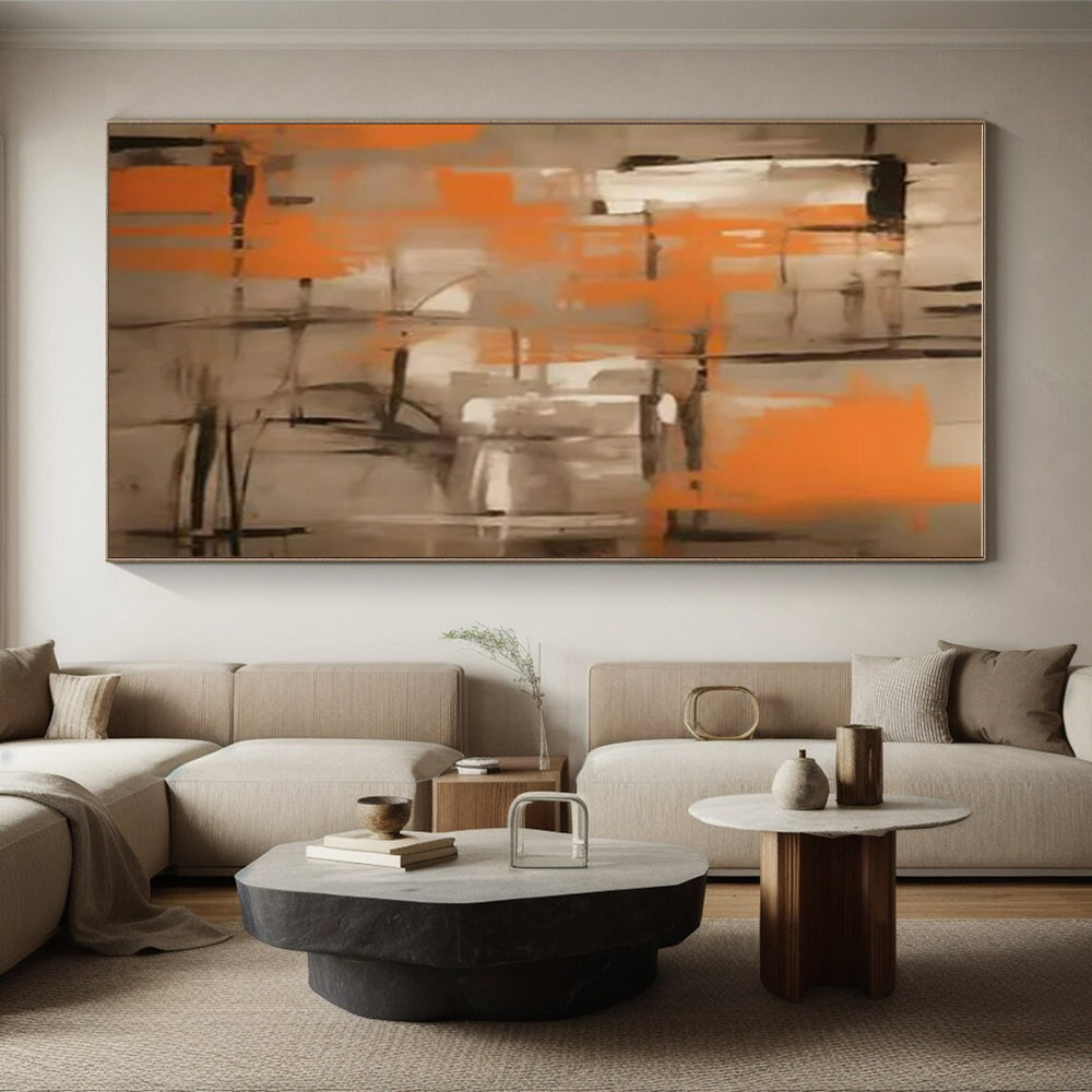 Orange & Grey Abstract Grid Painting On Canvas PS0816