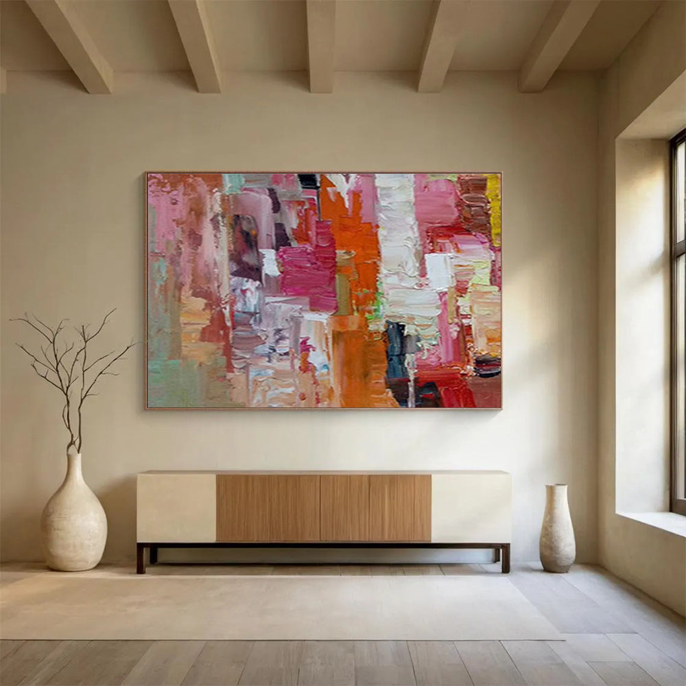 Vibrant Pink - Orange Abstract - Energetic Cubist - inspired Painting On Canvas DKS375