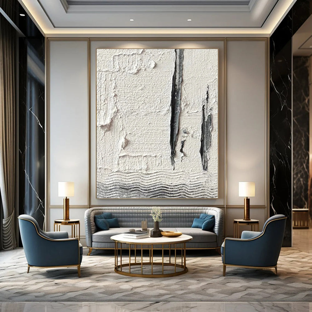 “Textured White with Grey Lines and Waves” - Minimalist Abstract Painting On Canvas DS371
