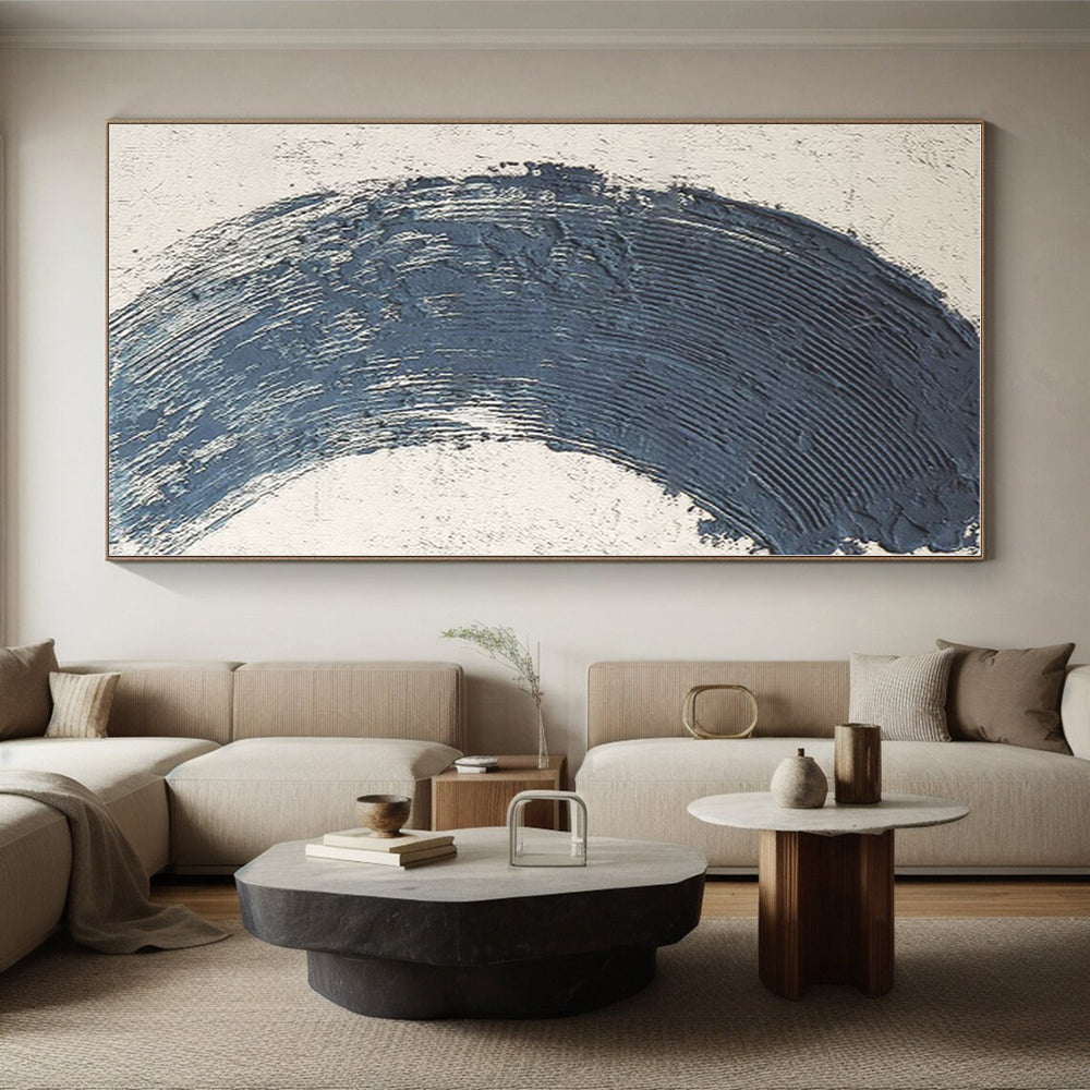 “Blue Curved Stroke on White” - Minimalist Abstract Painting On Canvas PS0426