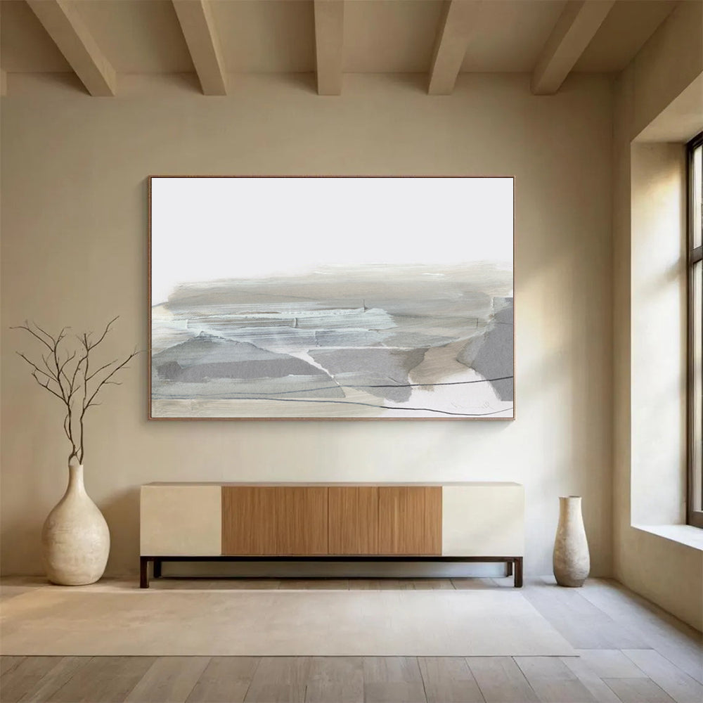 “Minimalist Gray and Beige Abstract Landscape” - Contemporary Landscape Painting On Canvas PT130