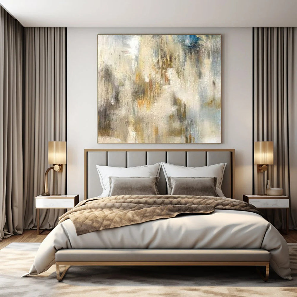 Beige, Blue, and Gold Textured, "Ethereal Haze" – Textured Abstract Painting On Canvas PS1003