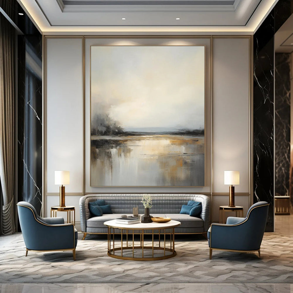 Gray - White - Gold Abstract Water Scene, Similar to the Style of J.M.W. Turner's Atmospheric Landscapes, Painting On Canvas PT2091