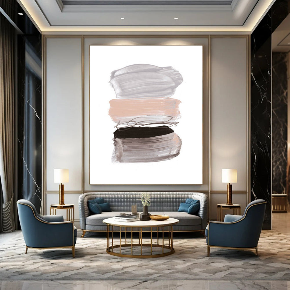 “Pastel Paint Strokes” - Soft Gray, Blush & Black Layers Painting On Canvas DS184