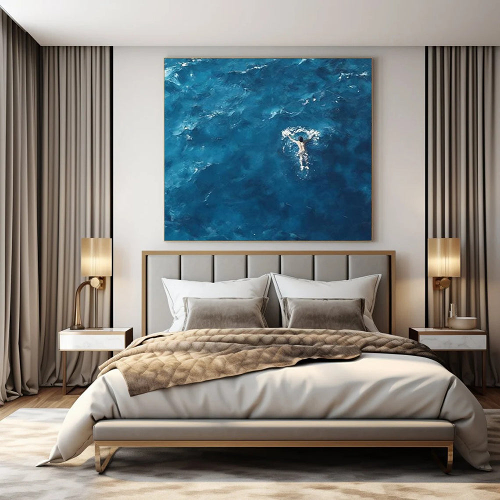 Aerial View of Swimmer in Deep Blue Water "Solitude at Sea" Photorealistic Painting On Canvas PS1065
