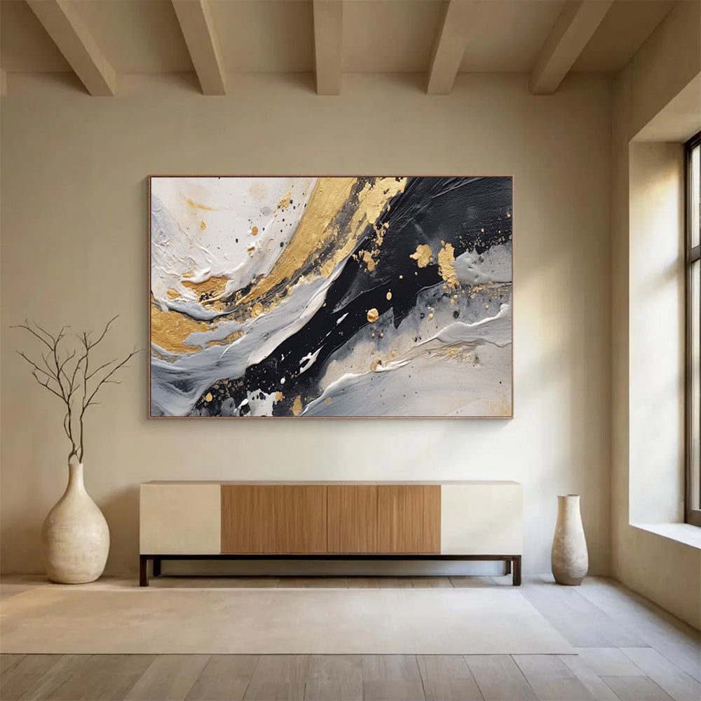 “Gold Splashes & Monochrome Waves” - Abstract Expressionist - Painting On Canvas PT1710
