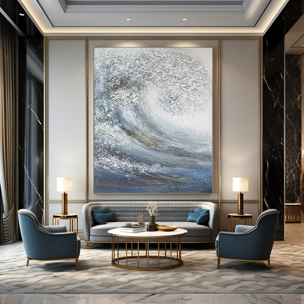 “Silver and Blue Wave” - Textured Seascape Painting On Canvas DS337