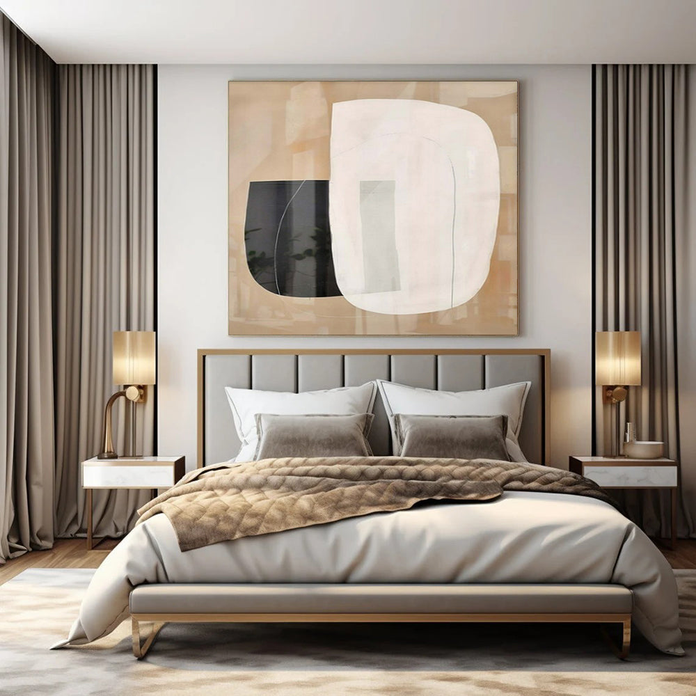 Beige, White, and Black Overlapping "Transparent Tranquility" Abstract Geometric Painting On Canvas PS1051