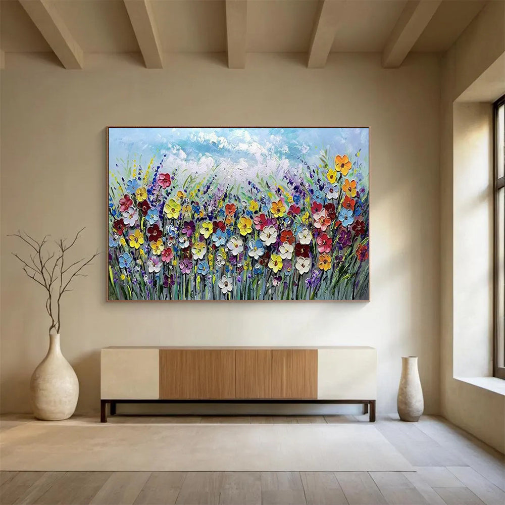 “Colorful Flower Field with Thick Textures” Impasto Floral Painting On Canvas PT1795