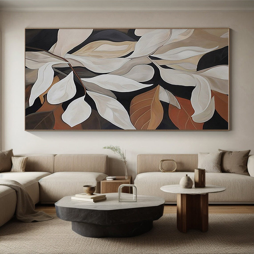 “Elegant White Leaves” - Black, White, Brown Abstract Floral Painting On Canvas PS0667