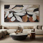 “Elegant White Leaves” - Black, White, Brown Abstract Floral Painting On Canvas PS0667