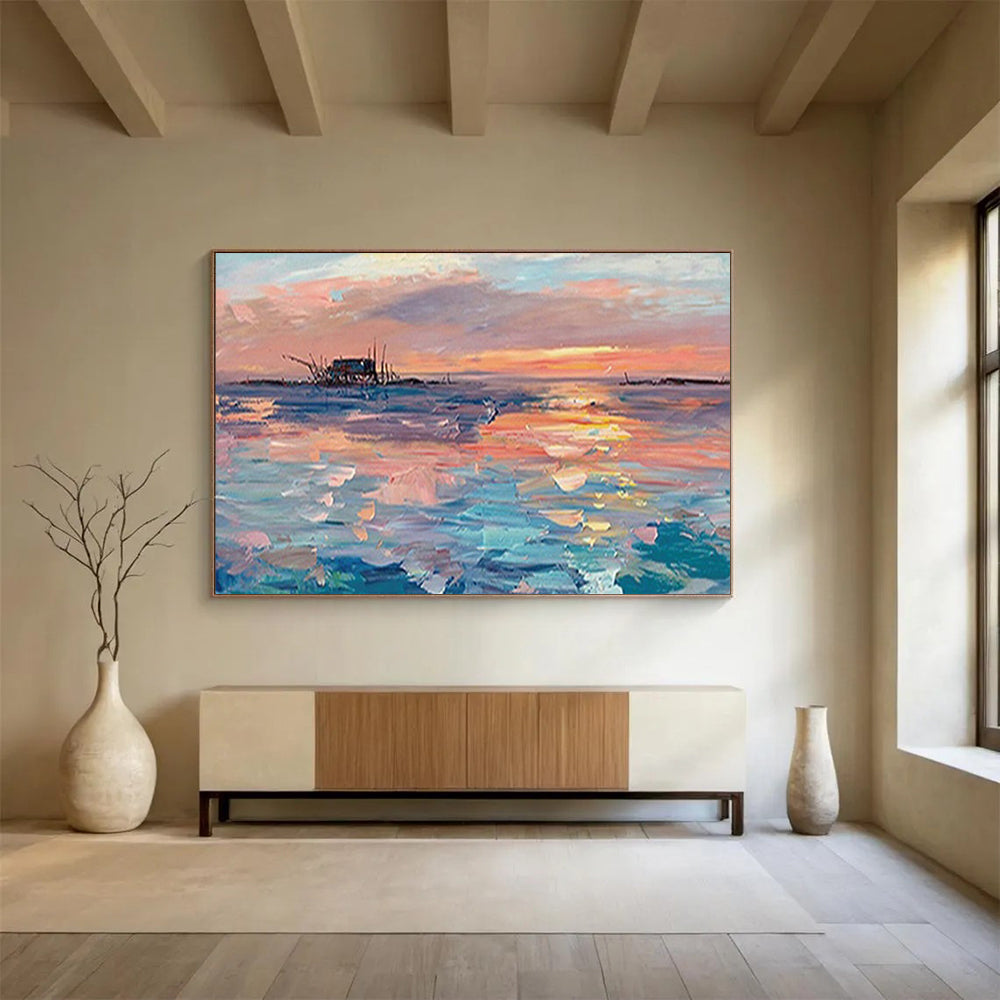 “Sunset Fishing Village” - Impressionistic Seaside Painting On Canvas PT205