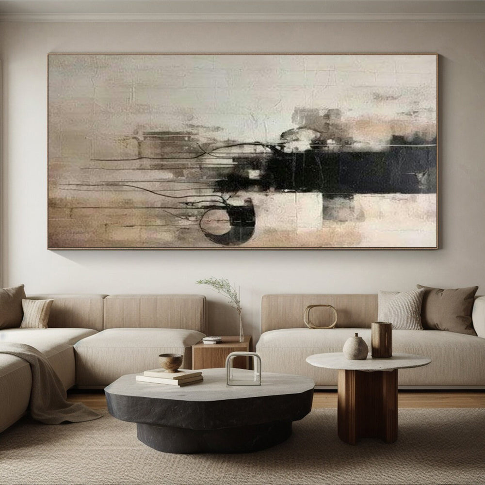 “Dramatic Black - and - White Abstract with Dripping Lines” - Bold Abstract Painting On Canvas PS0251