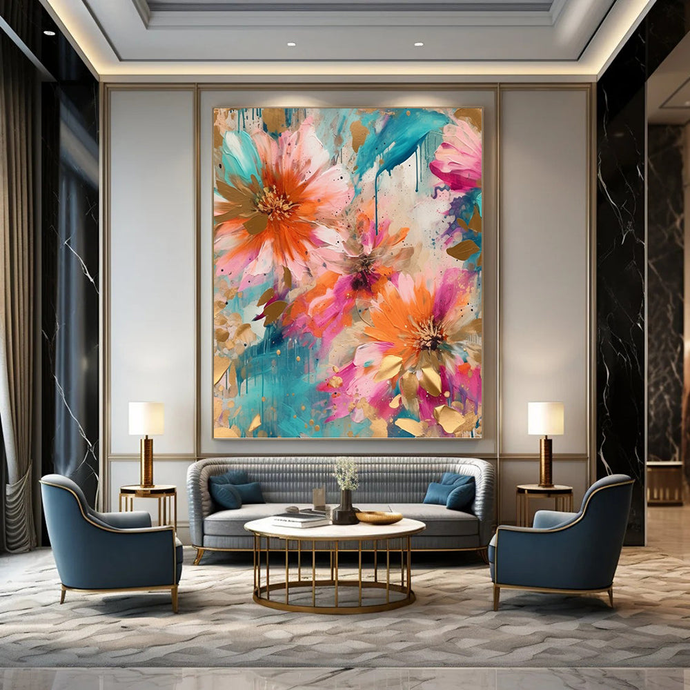 “Teal and Gold Floral” - Botanical, Luxe - Styled Painting On Canvas PT1598