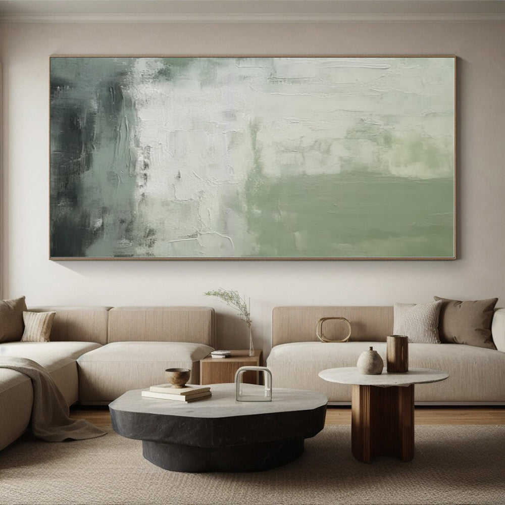 “Green - Gray - White Textured Abstraction” - Green, Gray, White Abstract Painting On Canvas PS0523