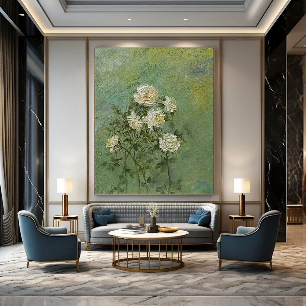 “White Roses on Green” - Textured Floral Painting On Canvas PT1987