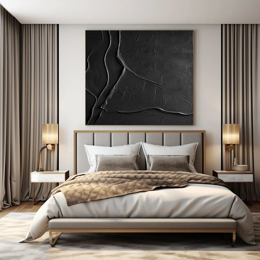 Textured Black Ridges "Midnight Terrain" Relief Sculpture On Canvas PS1069