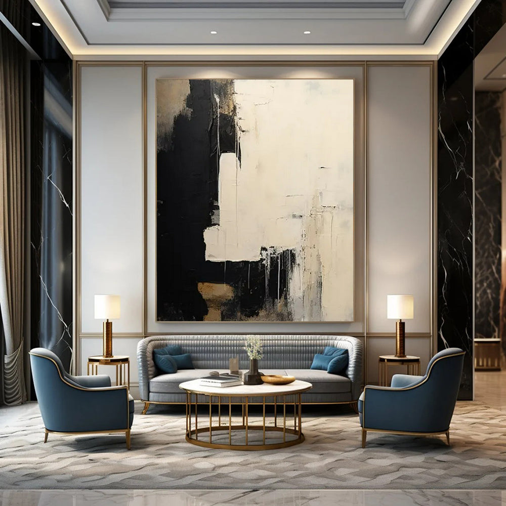 “Black and White Abstract Drama” - Abstract Expressionist Painting On Canvas PT2362