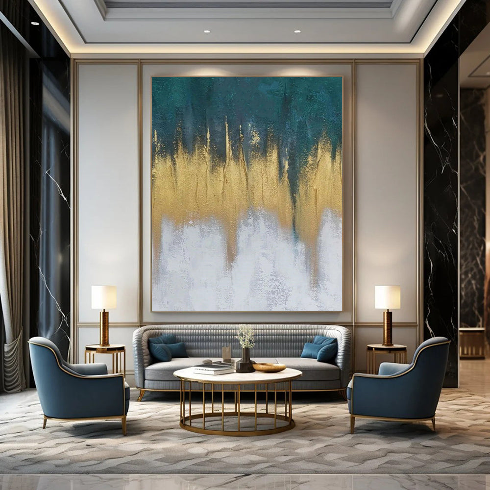 “Teal - Gold - White Drip” - Textured Abstract Painting On Canvas PT1235