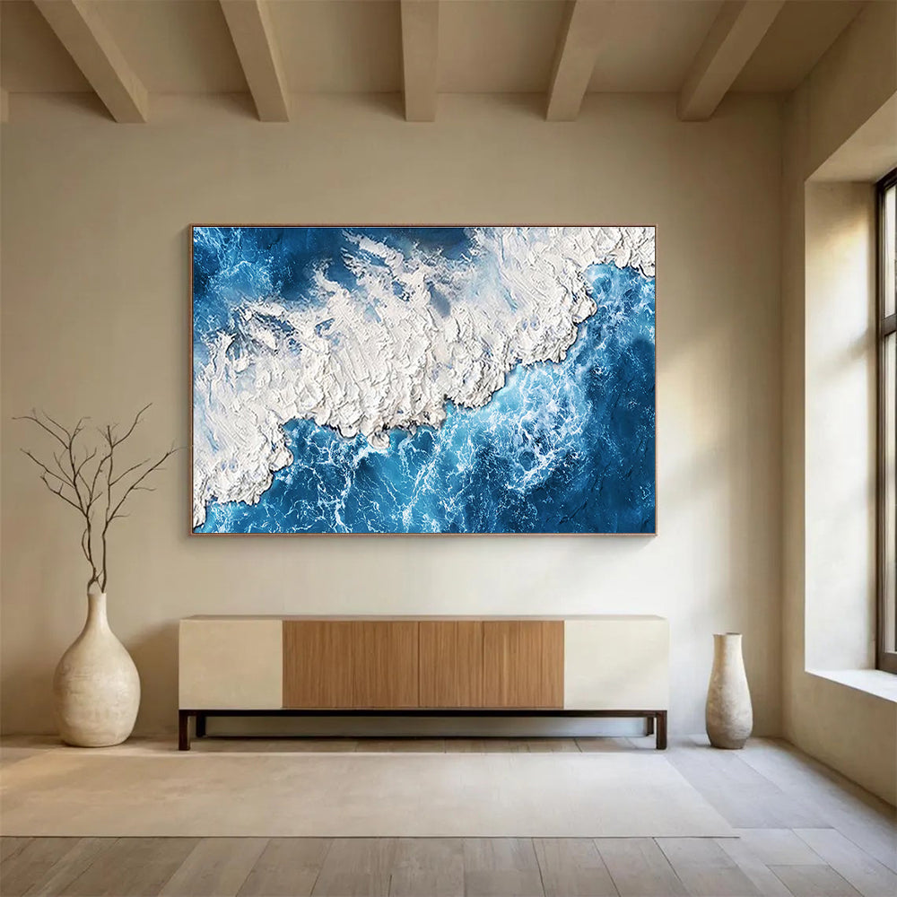 “Textured Blue Coast” - Blue, White & Gray Seascape, Impasto Oil Painting On Canvas DKS785